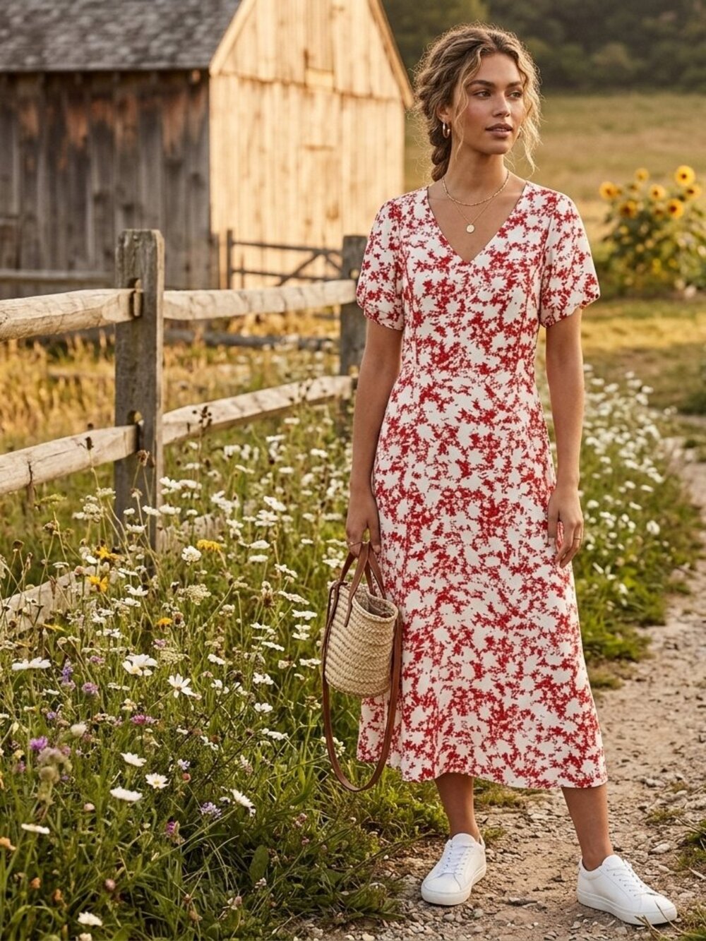 Women's Red Floral Midi Dress - V-Neck Short Sleeve